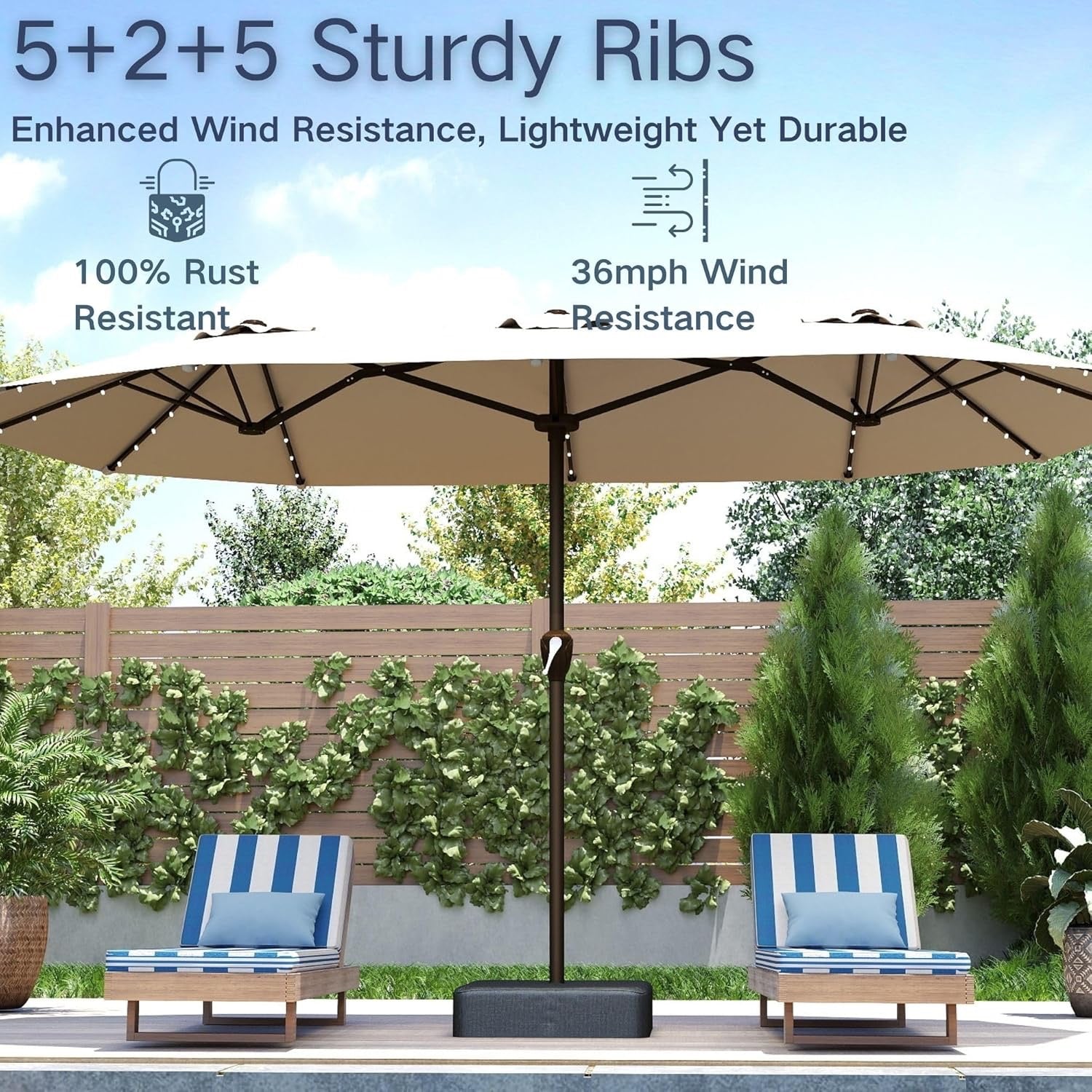 Kingdura 15’ Double-Sided Patio Umbrella with Solar LED Lights | Large Outdoor Market Umbrella with Base (Beige)