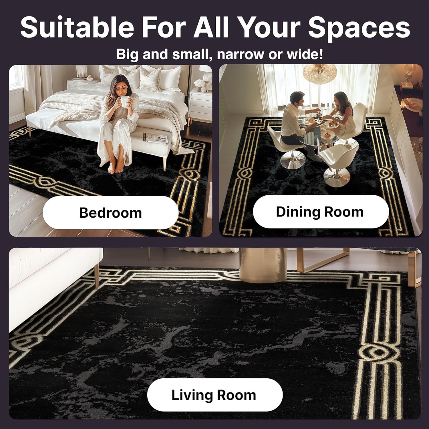 Well Woven Lezlee Abstract Marble Border Area Rug | Black & Gold 9'3" x 12'6"