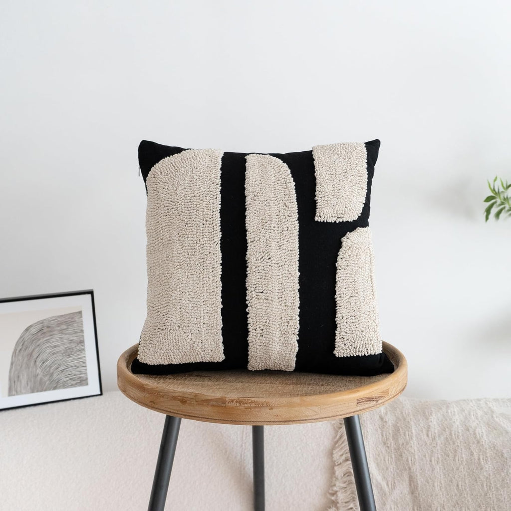 Black & Cream Boho Tufted Pillow Cover | Geometric Woven Decorative Throw Pillow – 18x18