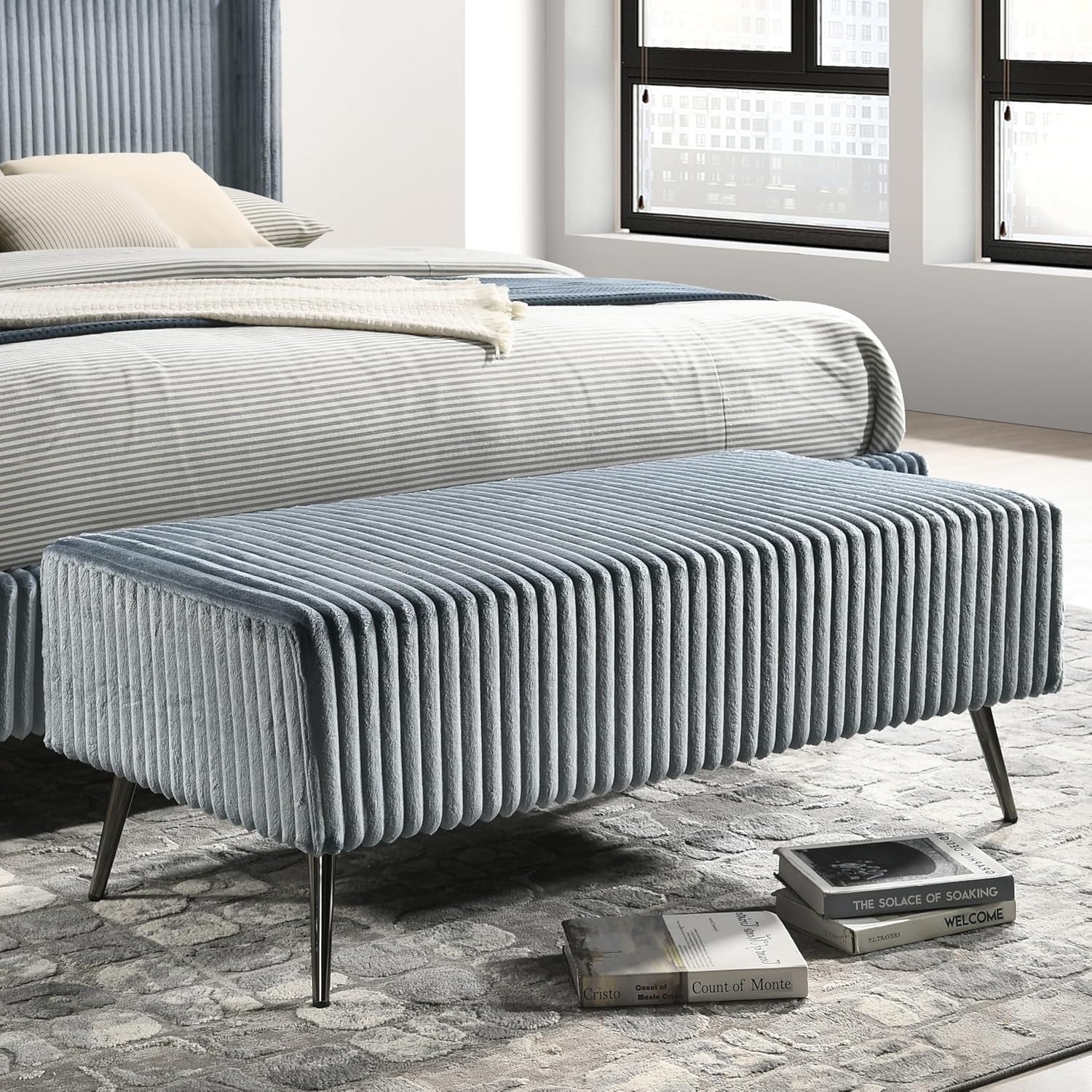 Blue Corduroy King Bed Set with Nightstands & Bench | Upholstered Panel Bed Bedroom Set