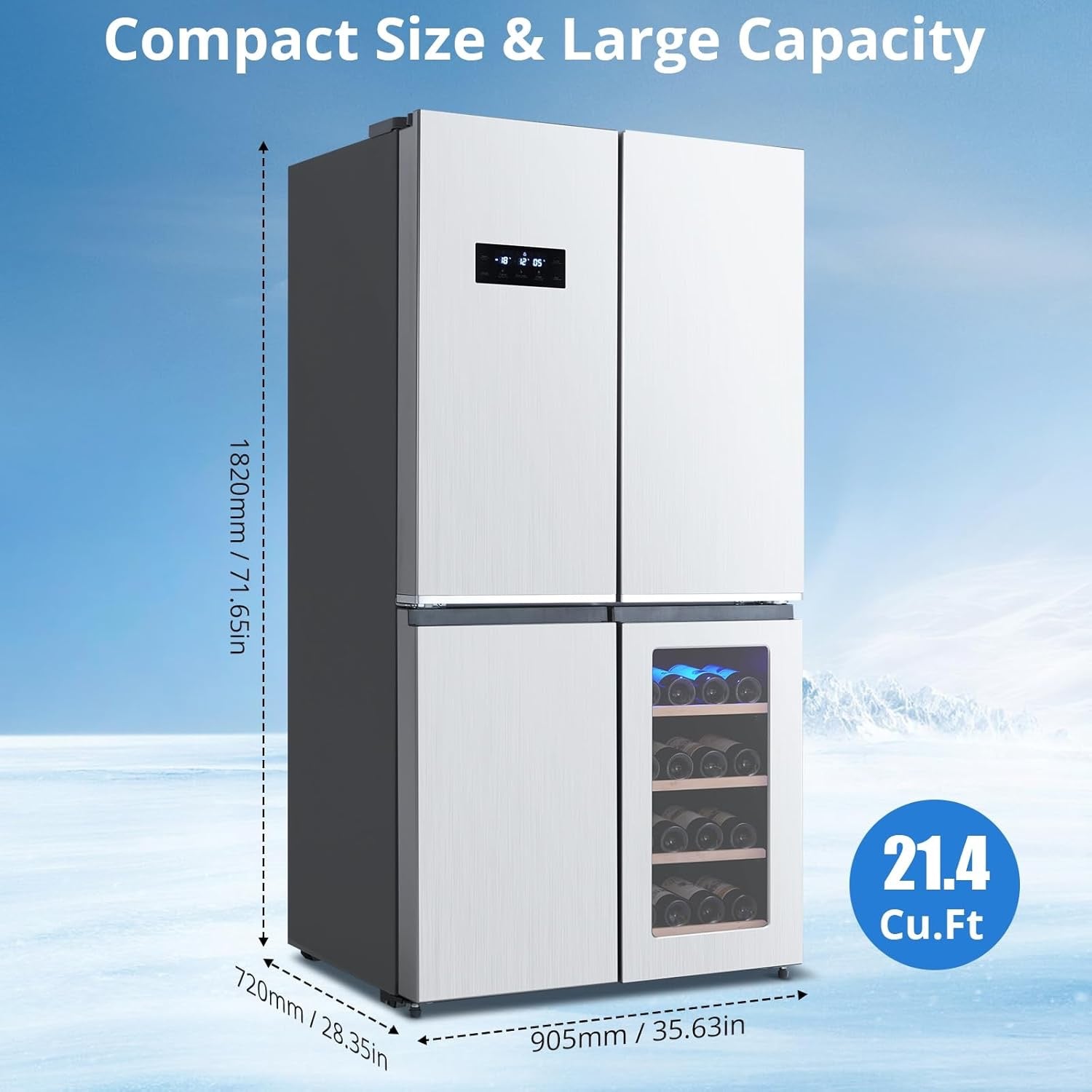 36” Counter Depth French Door Refrigerator | 21 Cu. Ft. 4-Door Stainless Steel Fridge with Wine Cabinet