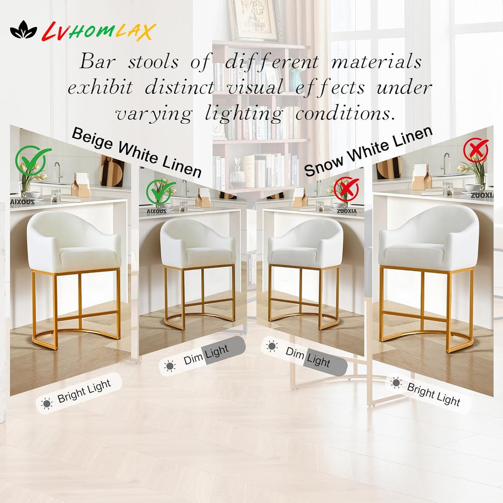 Counter Height Barrel Bar Stools Set of 3 Off White Linen | Modern Upholstered Kitchen Island Chairs with Gold Frame