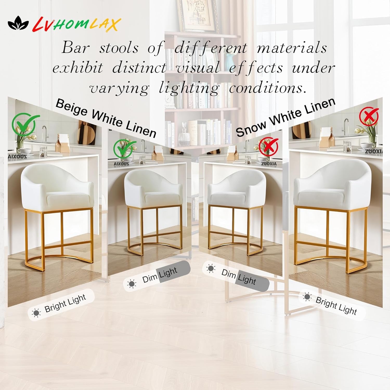 Counter Height Barrel Bar Stools Set of 3 Off White Linen | Modern Upholstered Kitchen Island Chairs with Gold Frame