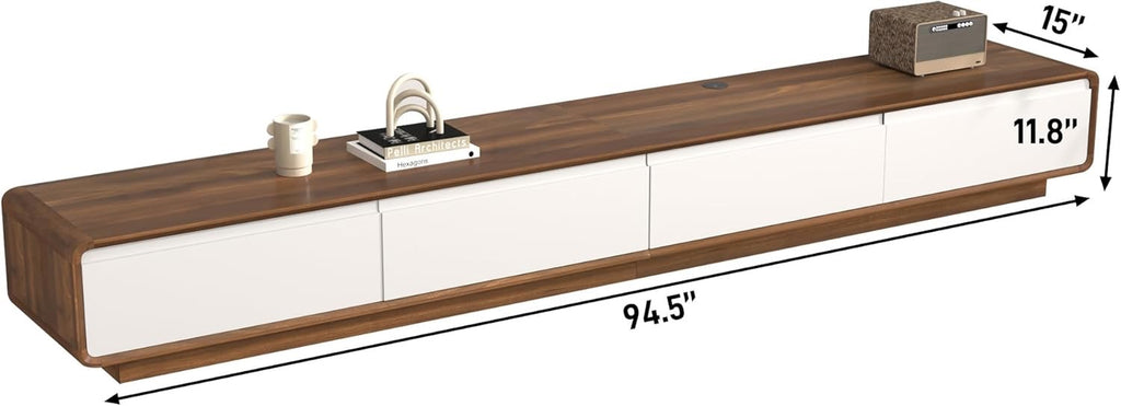 94.5” Floating TV Stand | Modern Wall-Mounted Media Console with Drawers (White & Walnut)