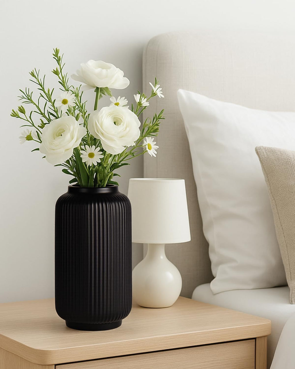 Black Ribbed Ceramic Vase (8”) | Modern Decorative Vase for Dried or Fresh Florals