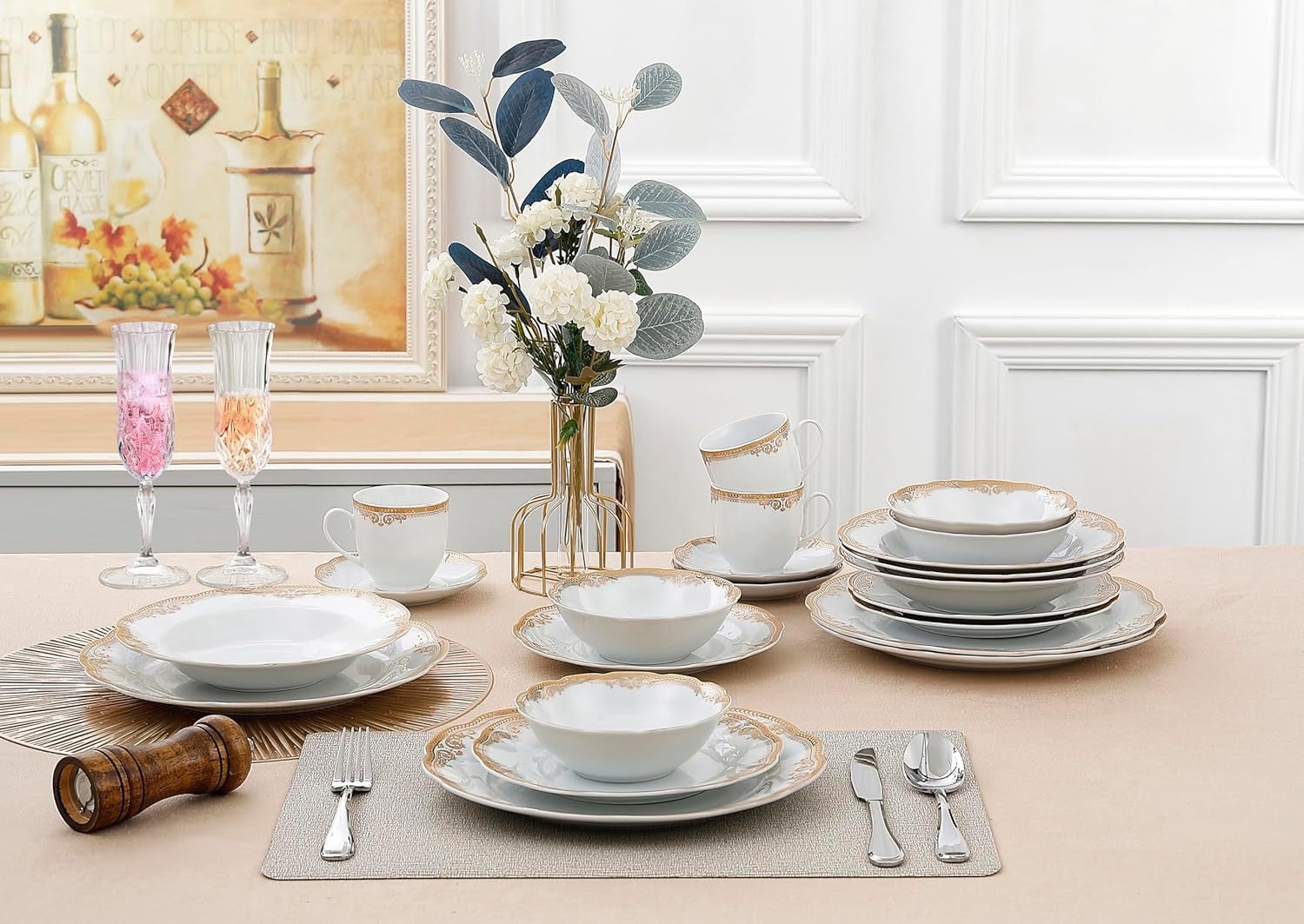Lorren Home Trends Catherine 24 Piece Porcelain Dinnerware Set Gold | Elegant White Gold Trim Plates Cups Bowls Service for 4