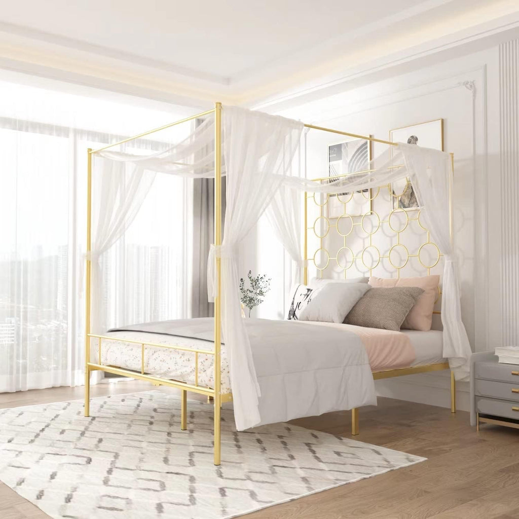 Gold Metal Canopy Bed Frame Queen | Modern Steel Platform Bed with Slat Support (No Box Spring Needed)