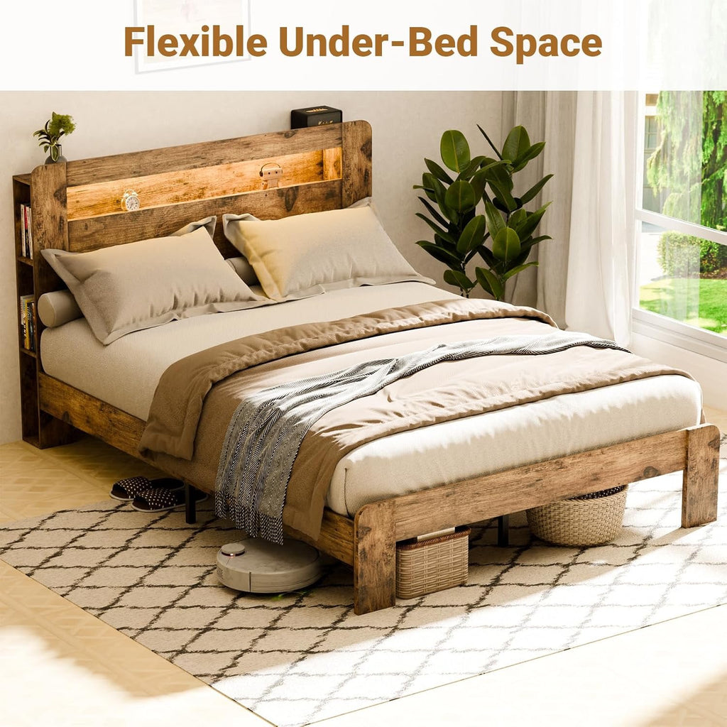 Zevemomo King Wood Bed Frame with Headboard | LED Lighting & Charging Station | Dark Brown Modern Platform Bed