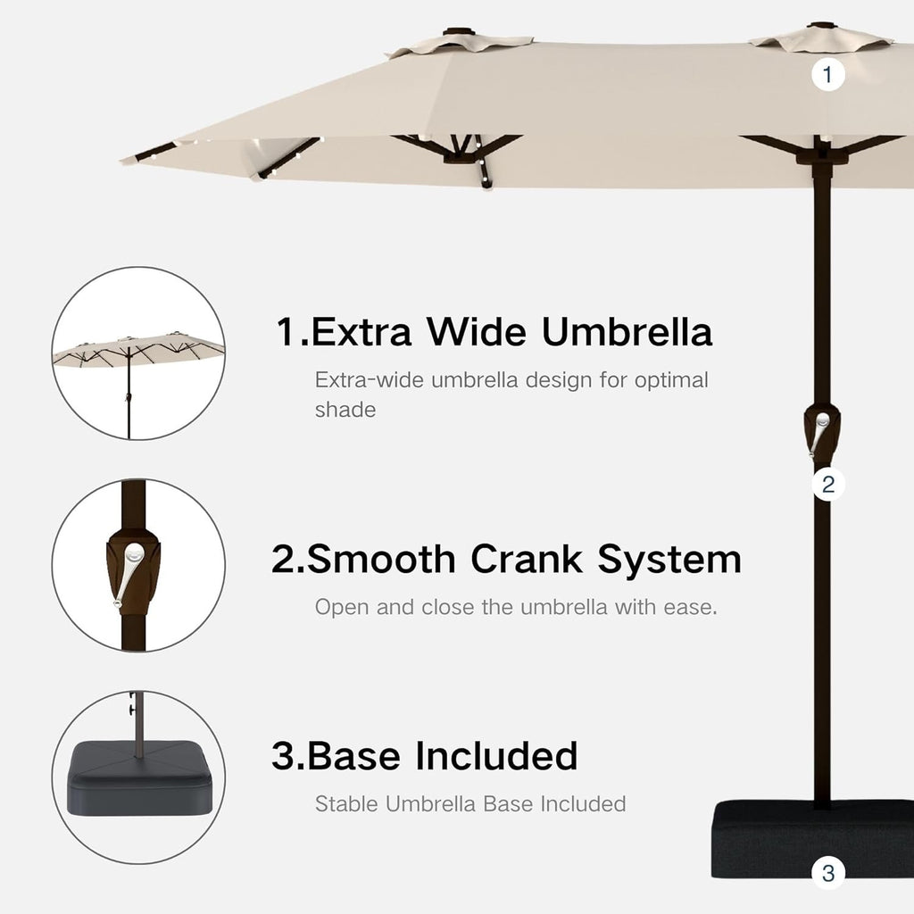 Kingdura 15’ Double-Sided Patio Umbrella with Solar LED Lights | Large Outdoor Market Umbrella with Base (Beige)