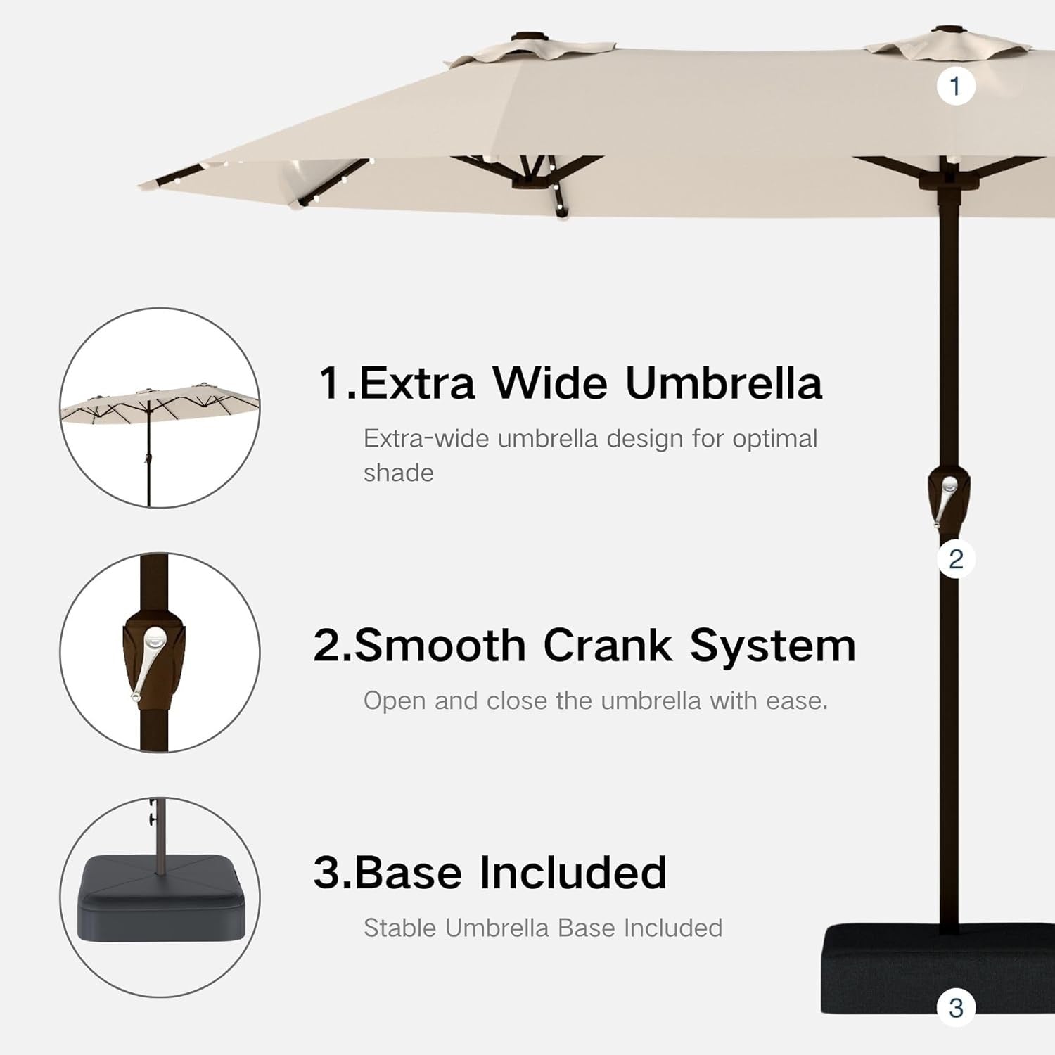 Kingdura 15’ Double-Sided Patio Umbrella with Solar LED Lights | Large Outdoor Market Umbrella with Base (Beige)