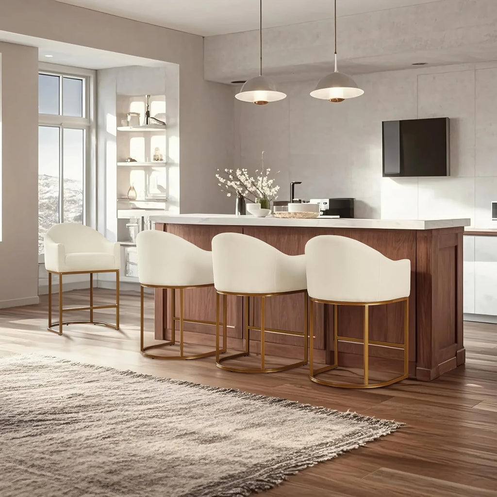 Counter Height Barrel Bar Stools Set of 3 Off White Linen | Modern Upholstered Kitchen Island Chairs with Gold Frame