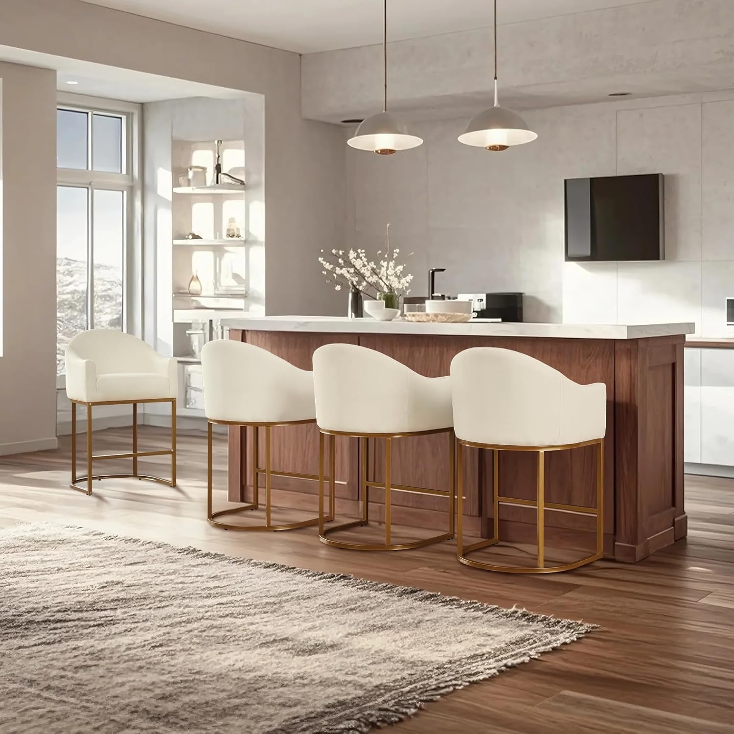 Counter Height Barrel Bar Stools Set of 3 Off White Linen | Modern Upholstered Kitchen Island Chairs with Gold Frame