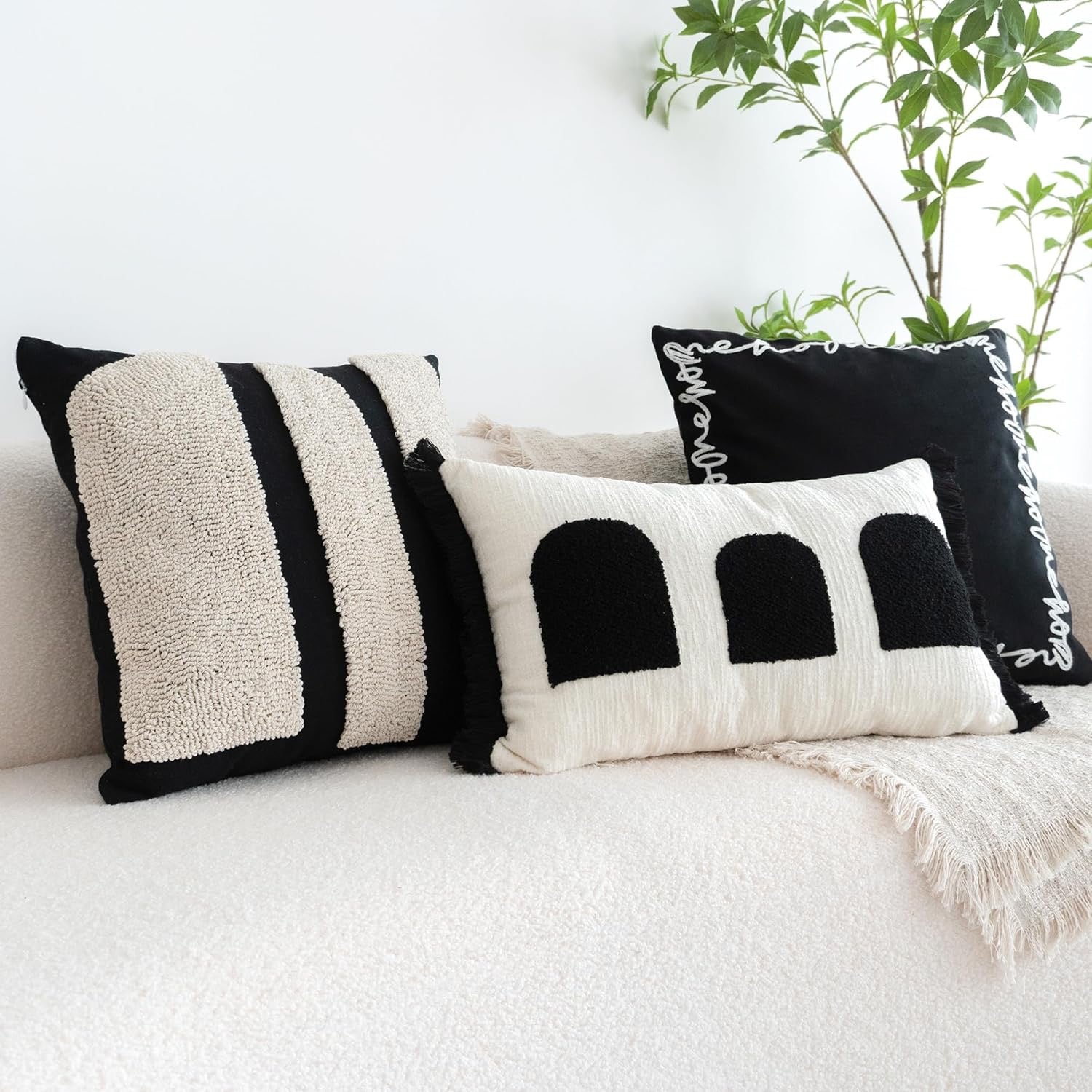 Black & Cream Boho Tufted Pillow Cover | Geometric Woven Decorative Throw Pillow – 18x18