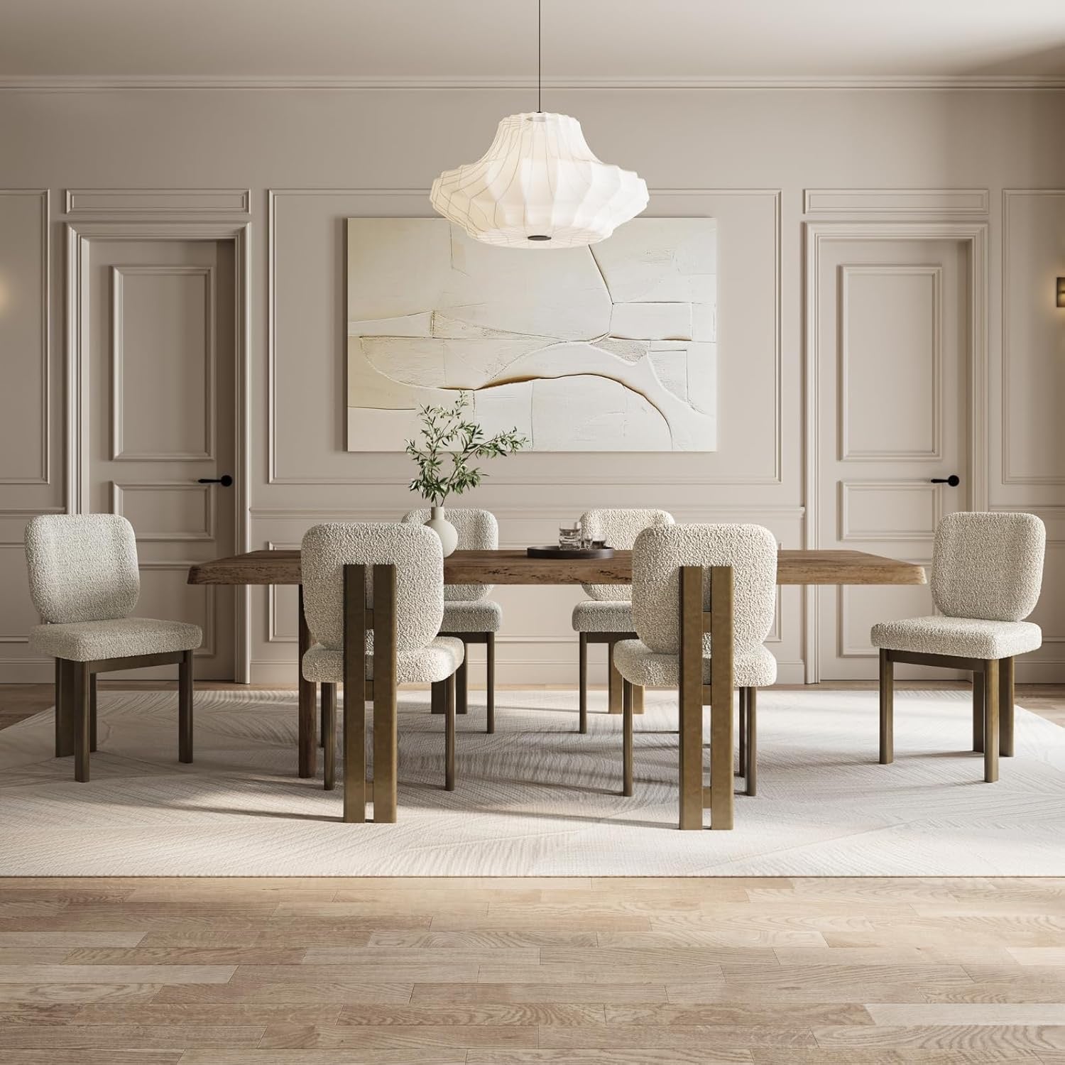 CIMOTA Modern Boucle Dining Chairs Set of 4 | Beige Upholstered Armless Chairs with Curved Back & Walnut Wood Legs