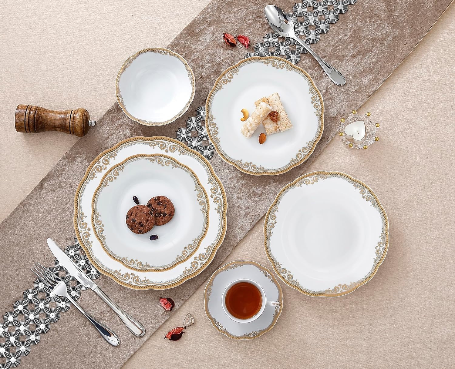 Lorren Home Trends Catherine 24 Piece Porcelain Dinnerware Set Gold | Elegant White Gold Trim Plates Cups Bowls Service for 4