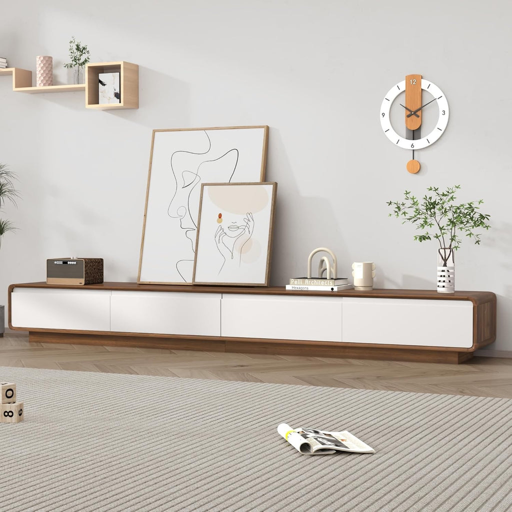 94.5” Floating TV Stand | Modern Wall-Mounted Media Console with Drawers (White & Walnut)