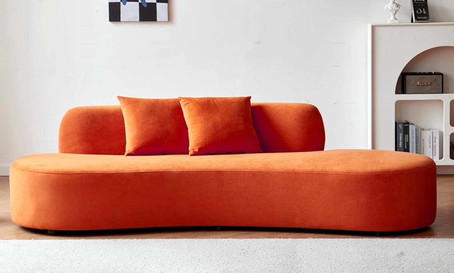 90” Curved Velvet Sofa (4-Seater) | Half-Moon Design with Throw Pillows, Red-Orange