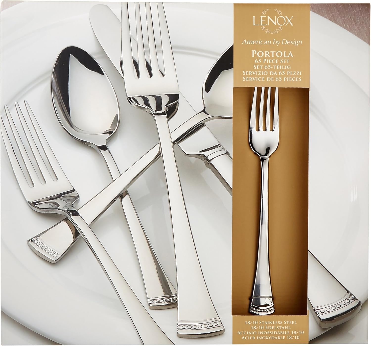 Lenox Portola 65-Piece Flatware Set | 18/10 Stainless Steel Silverware Set for 12 with Serving Utensils (Classic Elegant Cutlery Set)