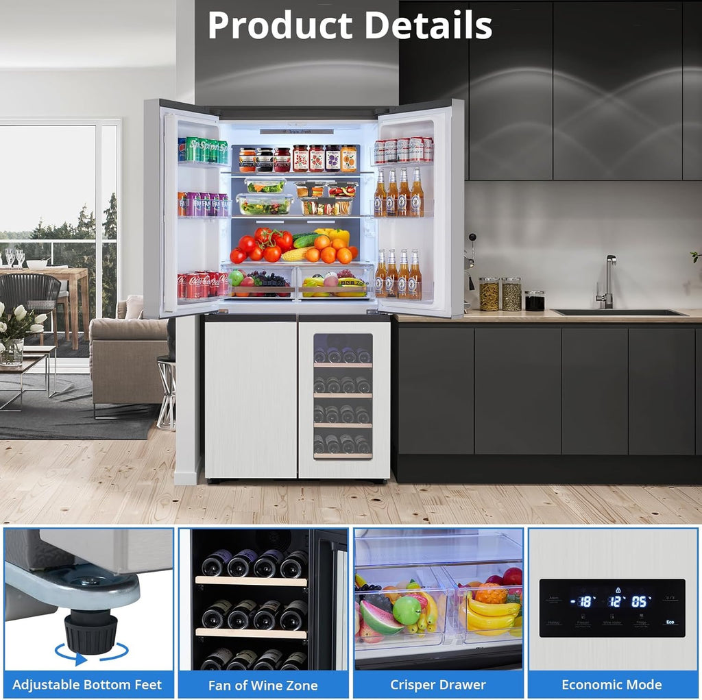 36” Counter Depth French Door Refrigerator | 21 Cu. Ft. 4-Door Stainless Steel Fridge with Wine Cabinet