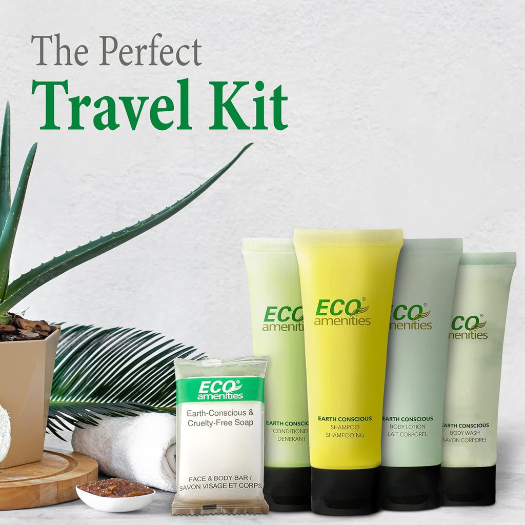 ECO Amenities Travel Toiletry Kit (150-Piece) | Hotel-Style Shampoo, Conditioner, Body Wash & Soap Set