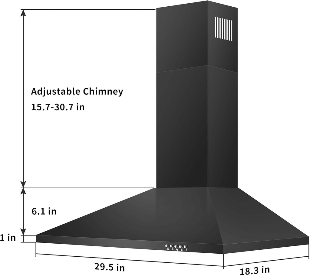 SNDOAS 30" Wall-Mount Range Hood | Matte Black Stainless Steel Kitchen Vent with LED Lighting