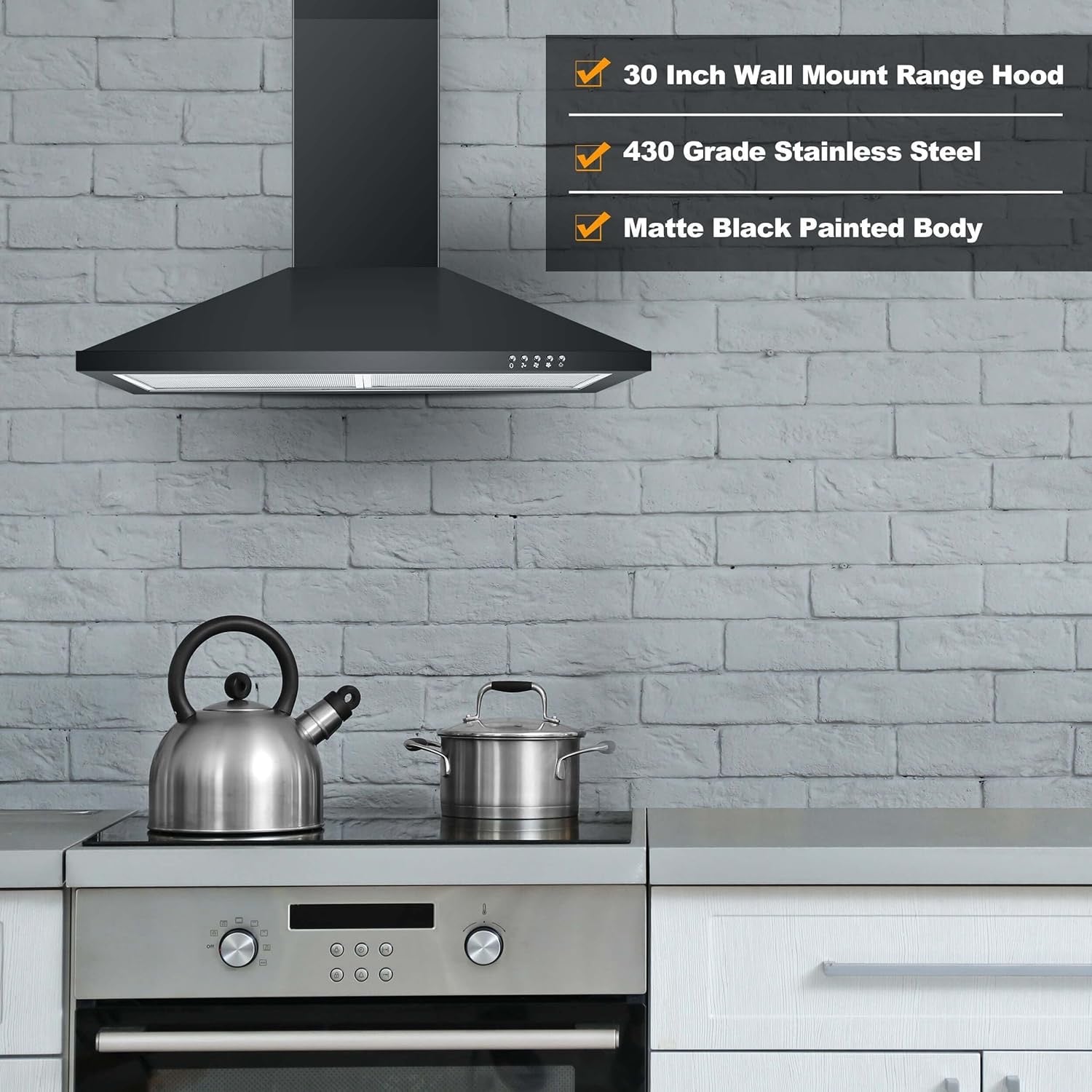 SNDOAS 30" Wall-Mount Range Hood | Matte Black Stainless Steel Kitchen Vent with LED Lighting
