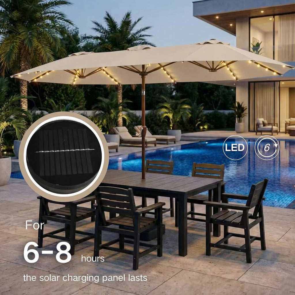 Kingdura 15’ Double-Sided Patio Umbrella with Solar LED Lights | Large Outdoor Market Umbrella with Base (Beige)