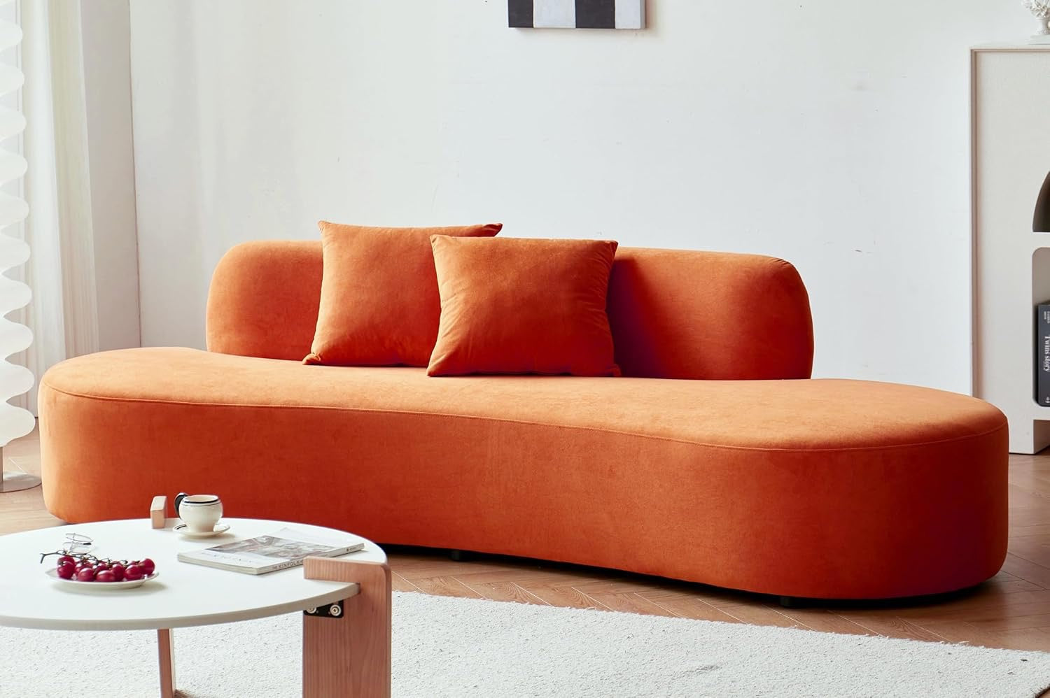 90” Curved Velvet Sofa (4-Seater) | Half-Moon Design with Throw Pillows, Red-Orange