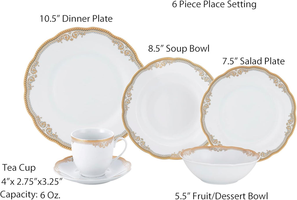Lorren Home Trends Catherine 24 Piece Porcelain Dinnerware Set Gold | Elegant White Gold Trim Plates Cups Bowls Service for 4