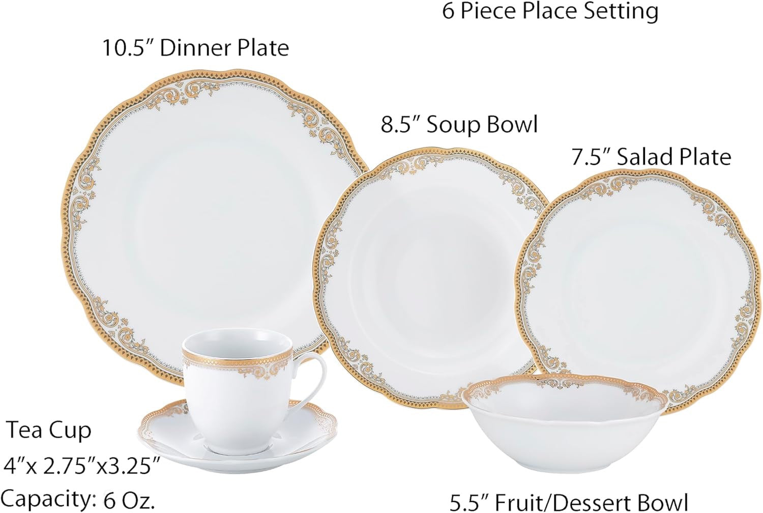 Lorren Home Trends Catherine 24 Piece Porcelain Dinnerware Set Gold | Elegant White Gold Trim Plates Cups Bowls Service for 4