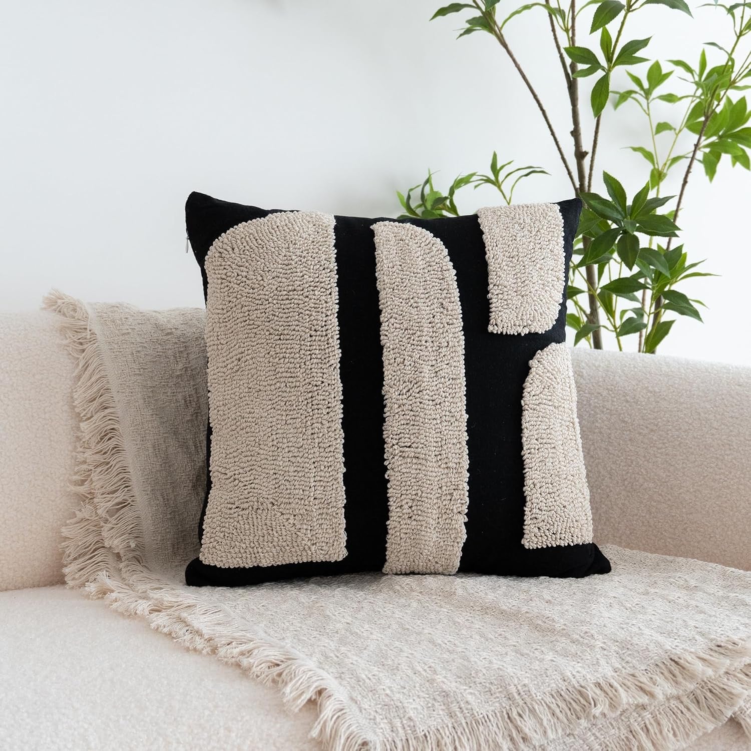 Black & Cream Boho Tufted Pillow Cover | Geometric Woven Decorative Throw Pillow – 18x18