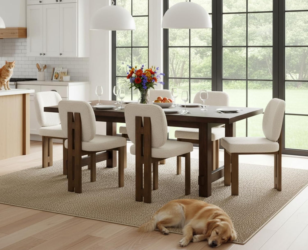 CIMOTA Modern Boucle Dining Chairs Set of 4 | Beige Upholstered Armless Chairs with Curved Back & Walnut Wood Legs