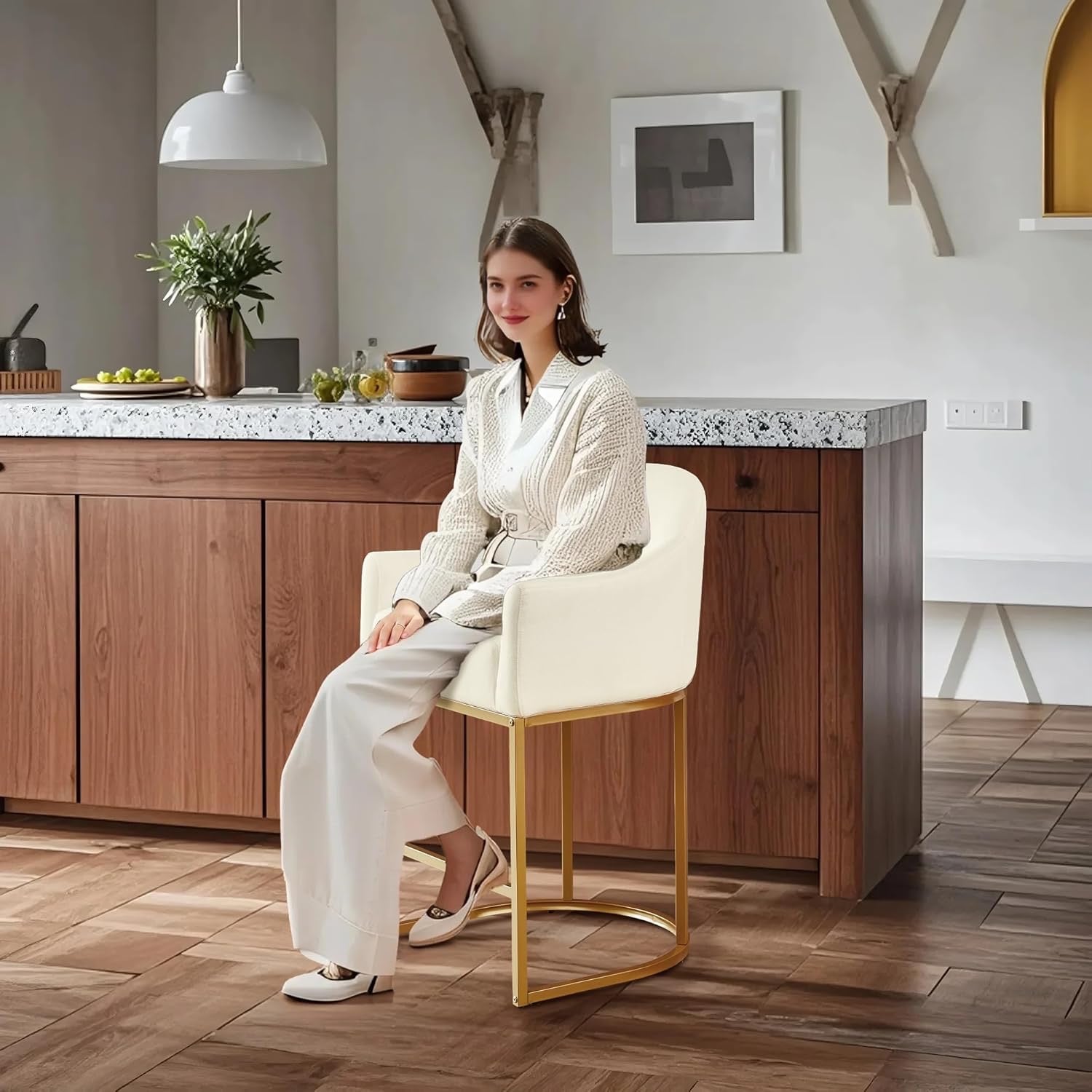 Counter Height Barrel Bar Stools Set of 3 Off White Linen | Modern Upholstered Kitchen Island Chairs with Gold Frame