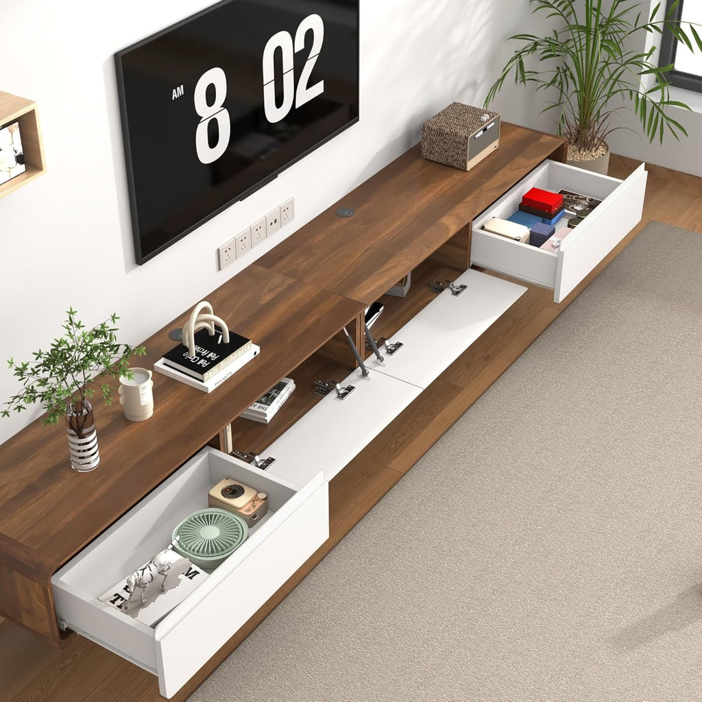 94.5” Floating TV Stand | Modern Wall-Mounted Media Console with Drawers (White & Walnut)