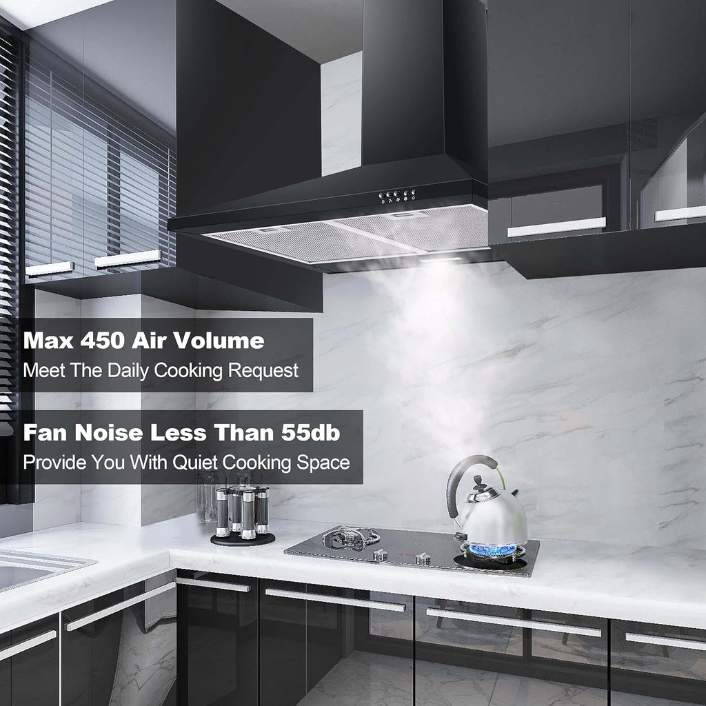 SNDOAS 30" Wall-Mount Range Hood | Matte Black Stainless Steel Kitchen Vent with LED Lighting