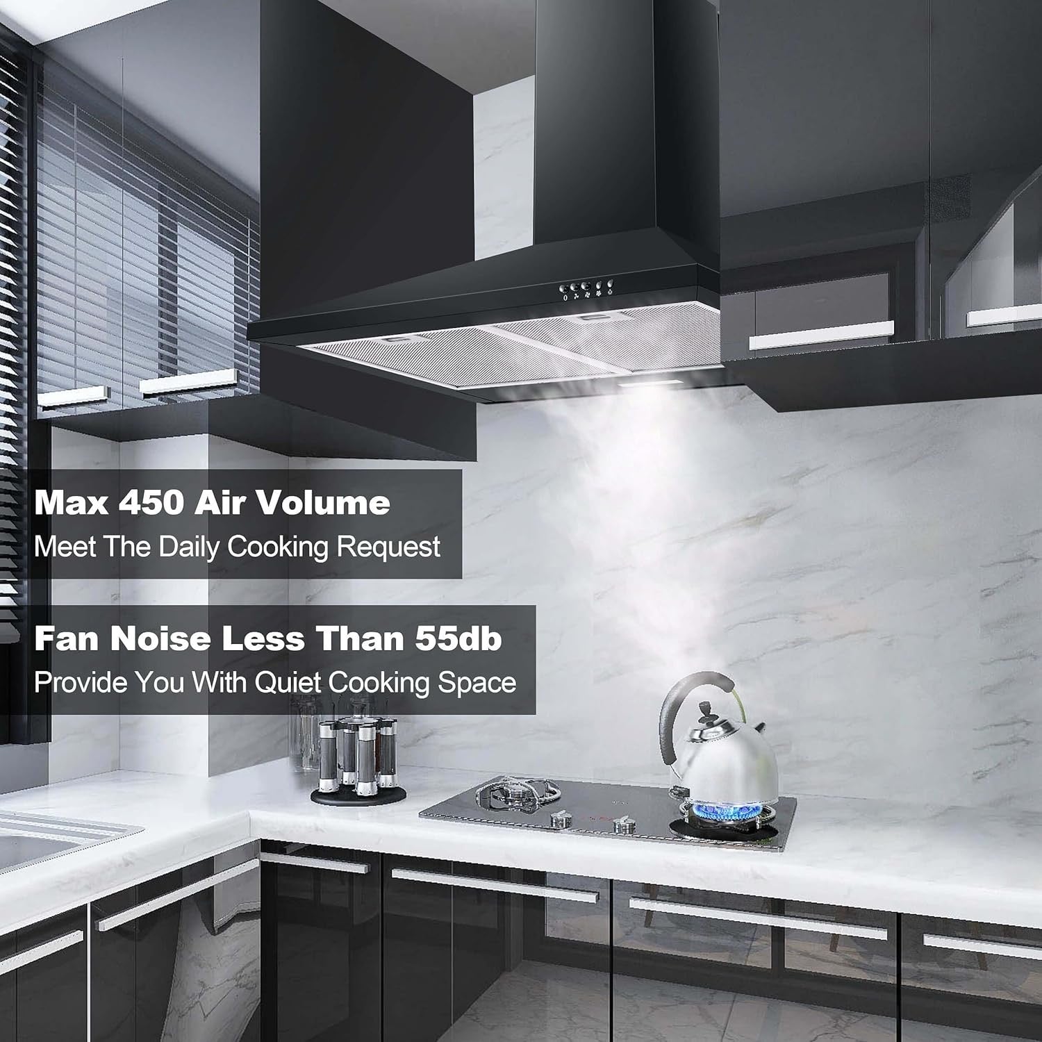 SNDOAS 30" Wall-Mount Range Hood | Matte Black Stainless Steel Kitchen Vent with LED Lighting