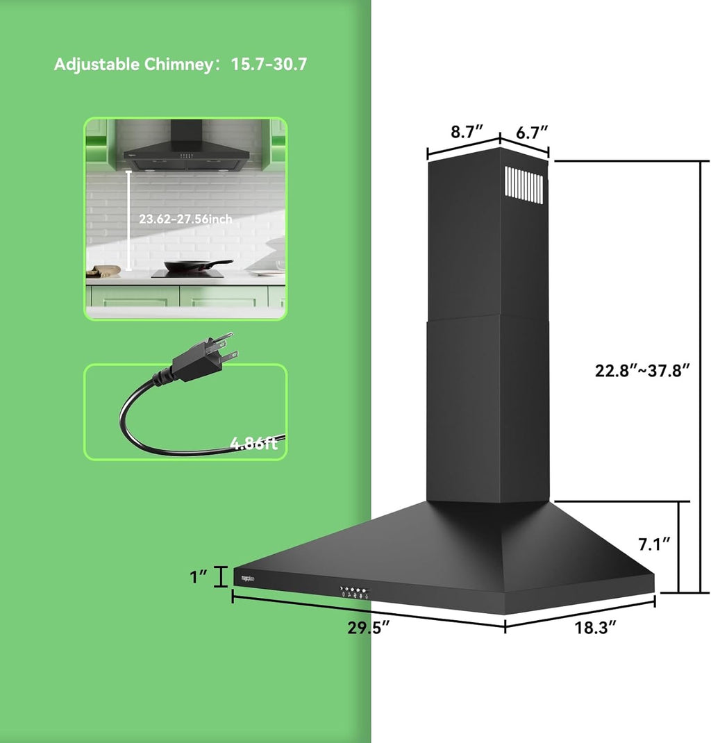 Magicplux 30" Wall-Mount Range Hood | 380 CFM Black Kitchen Vent with LED Lighting