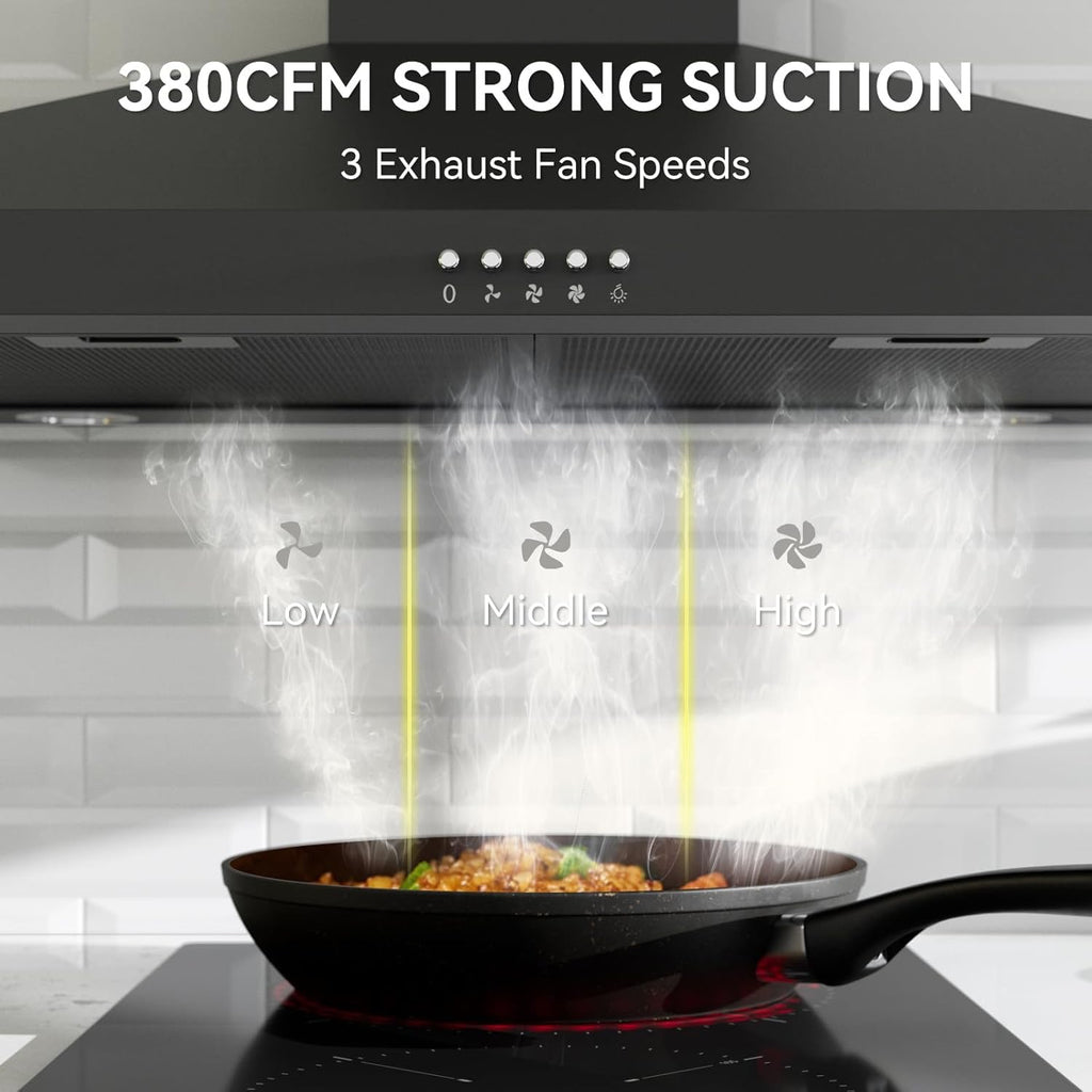 Magicplux 30" Wall-Mount Range Hood | 380 CFM Black Kitchen Vent with LED Lighting