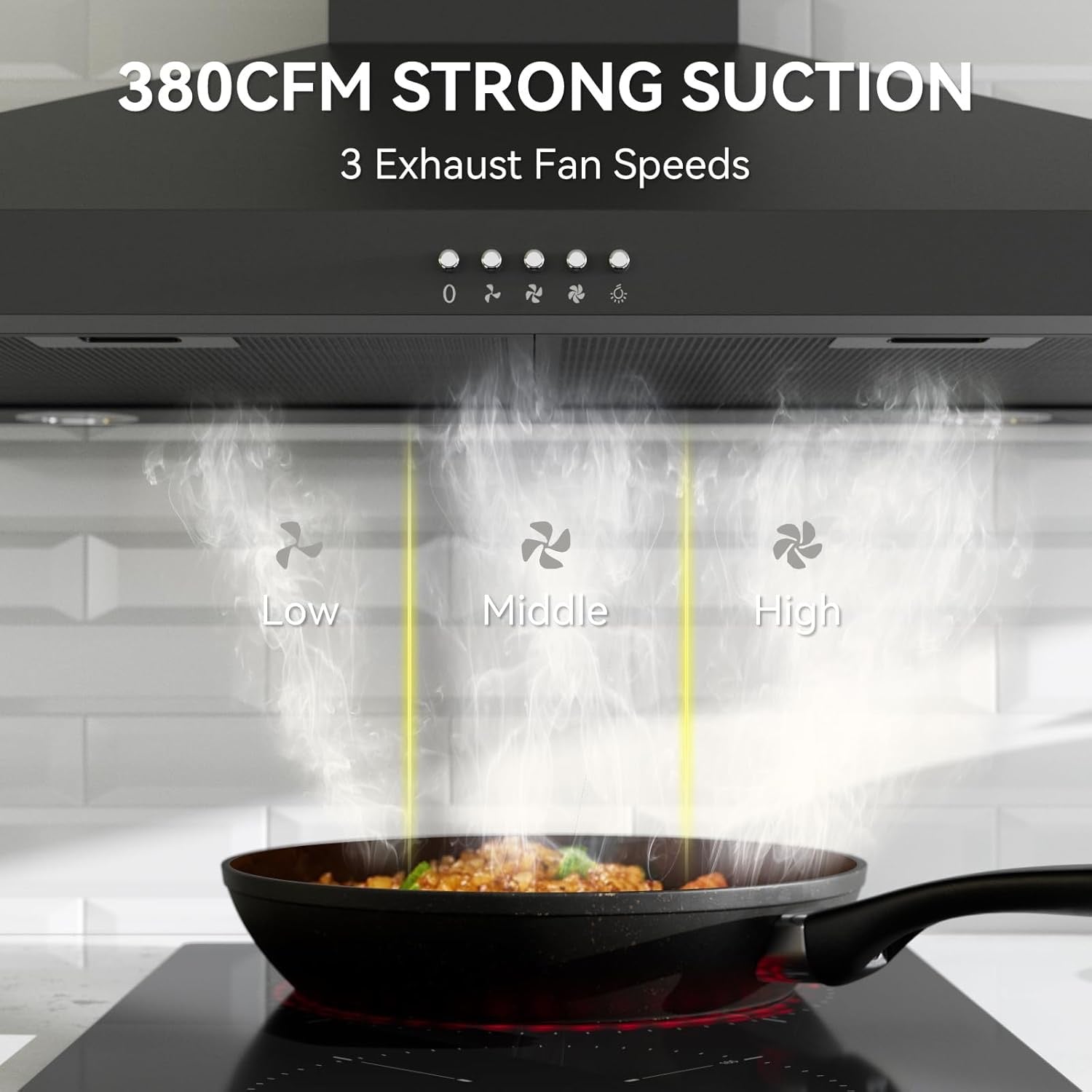 Magicplux 30" Wall-Mount Range Hood | 380 CFM Black Kitchen Vent with LED Lighting
