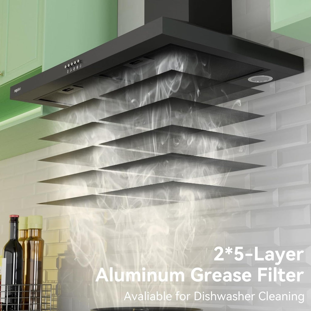 Magicplux 30" Wall-Mount Range Hood | 380 CFM Black Kitchen Vent with LED Lighting