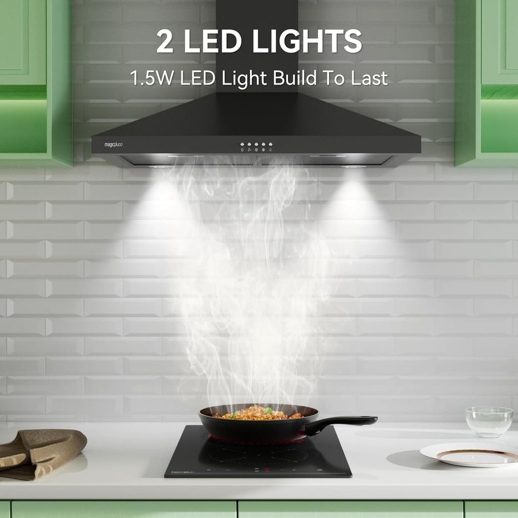 Magicplux 30" Wall-Mount Range Hood | 380 CFM Black Kitchen Vent with LED Lighting