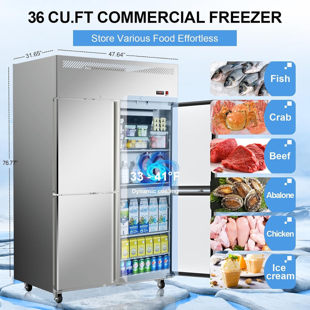 48" Commercial Stainless Steel Reach-In Refrigerator | 4-Door Upright Fridge, 36 Cu. Ft.