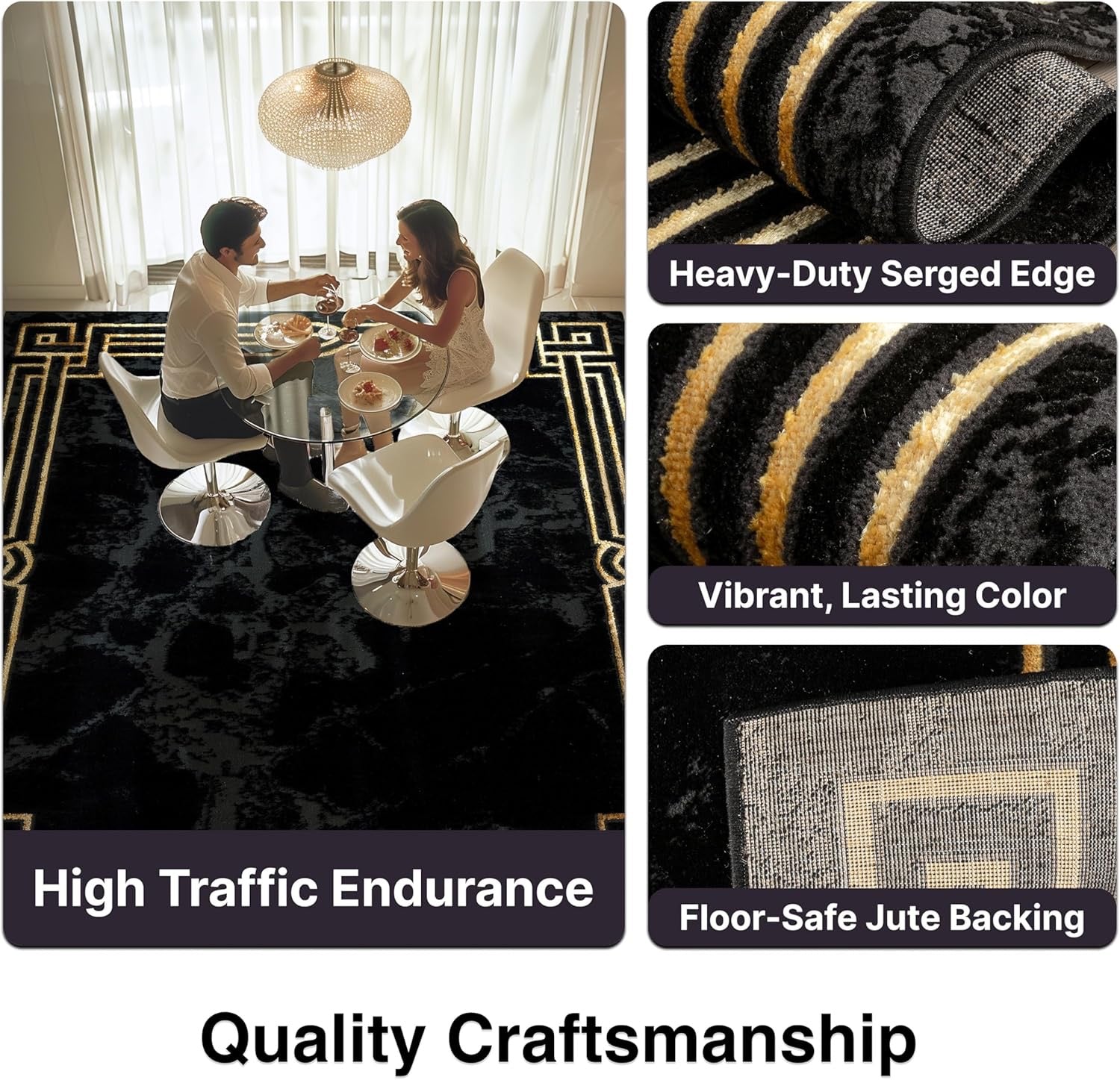 Well Woven Lezlee Abstract Marble Border Area Rug | Black & Gold 9'3" x 12'6"