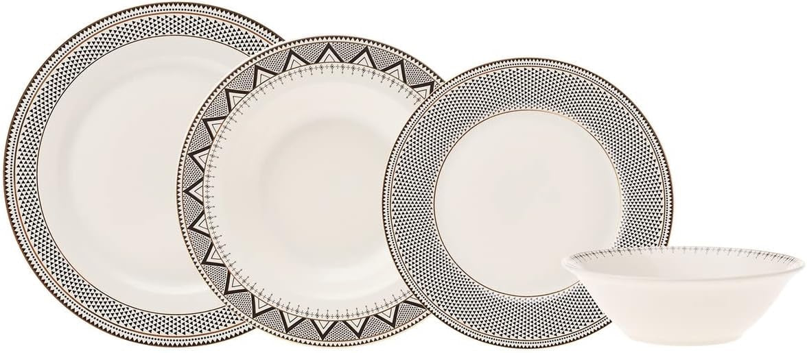 Karaca Globe 24 Piece Dinnerware Set for 6 | Modern Porcelain Plates Bowls Set White Black Geometric Design