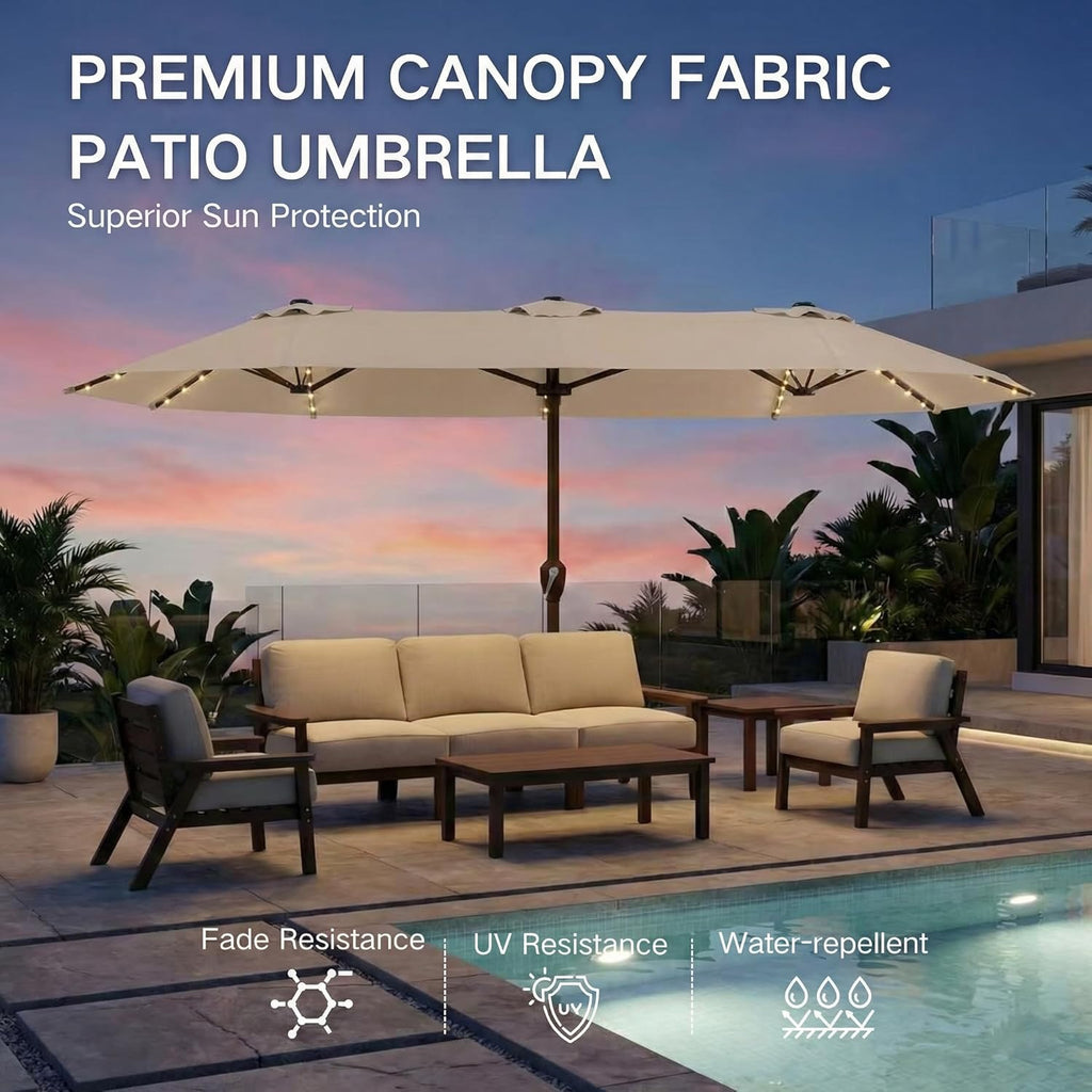 Kingdura 15’ Double-Sided Patio Umbrella with Solar LED Lights | Large Outdoor Market Umbrella with Base (Beige)
