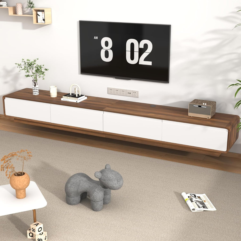 94.5” Floating TV Stand | Modern Wall-Mounted Media Console with Drawers (White & Walnut)