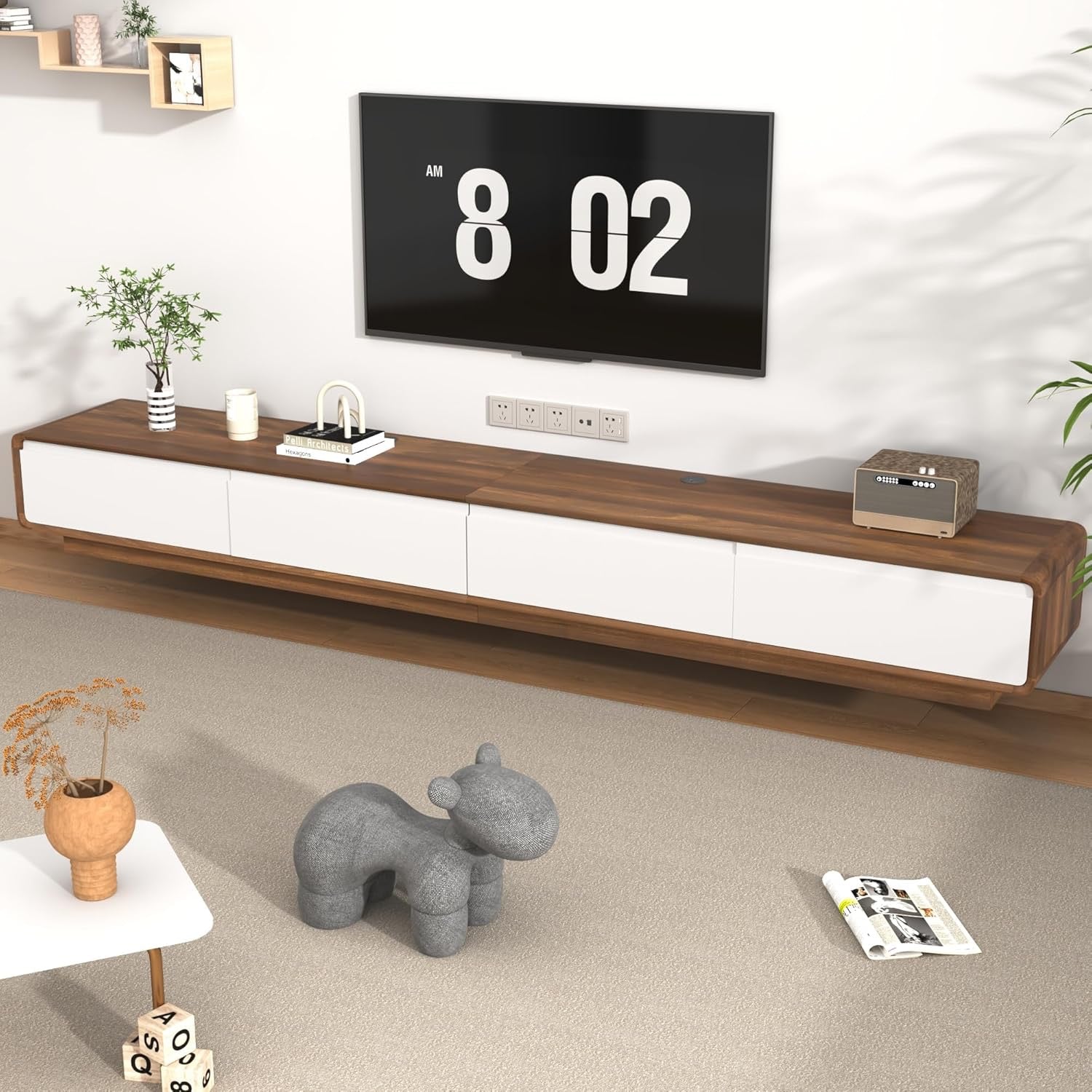 94.5” Floating TV Stand | Modern Wall-Mounted Media Console with Drawers (White & Walnut)