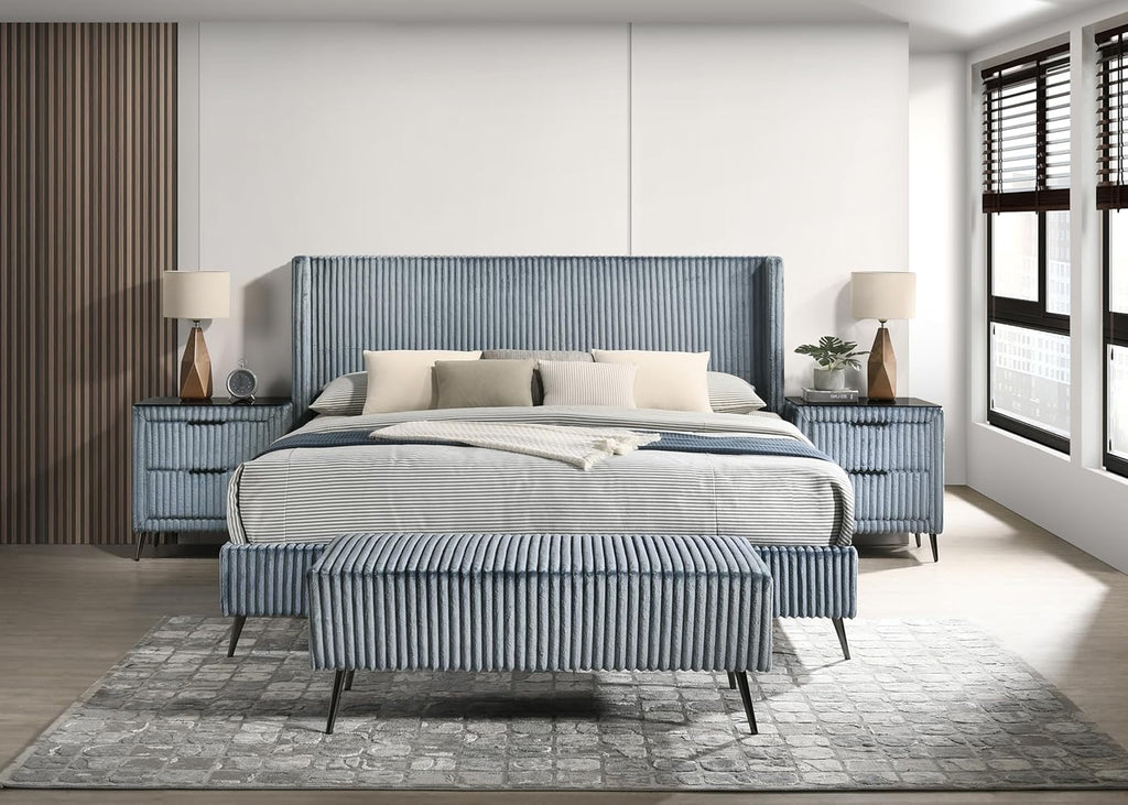 Blue Corduroy King Bed Set with Nightstands & Bench | Upholstered Panel Bed Bedroom Set