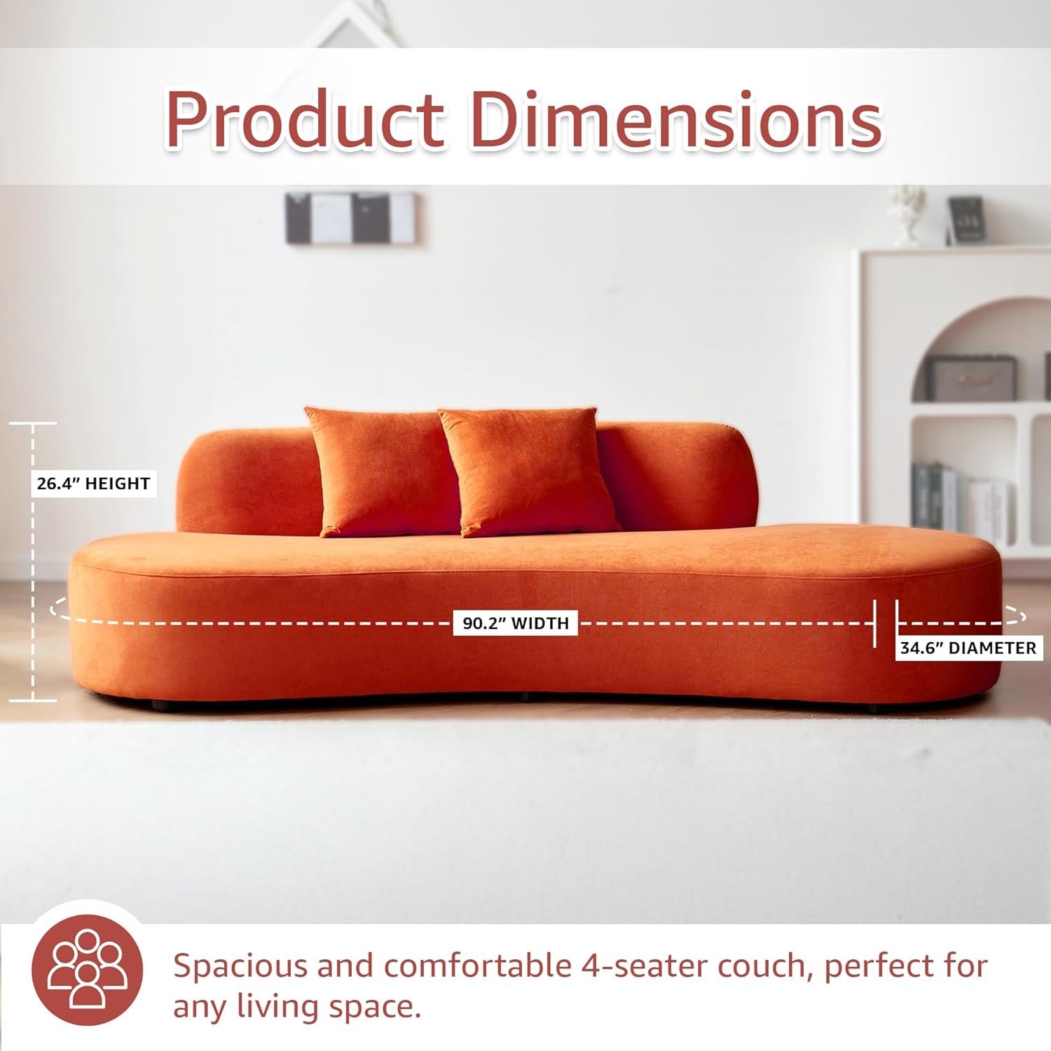 90” Curved Velvet Sofa (4-Seater) | Half-Moon Design with Throw Pillows, Red-Orange