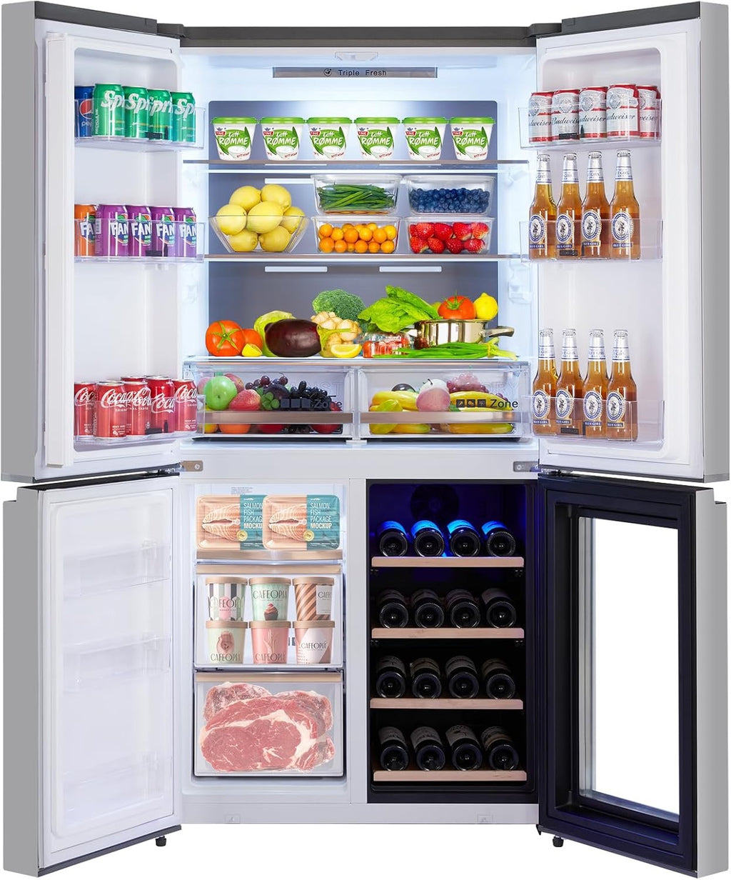 36” Counter Depth French Door Refrigerator | 21 Cu. Ft. 4-Door Stainless Steel Fridge with Wine Cabinet